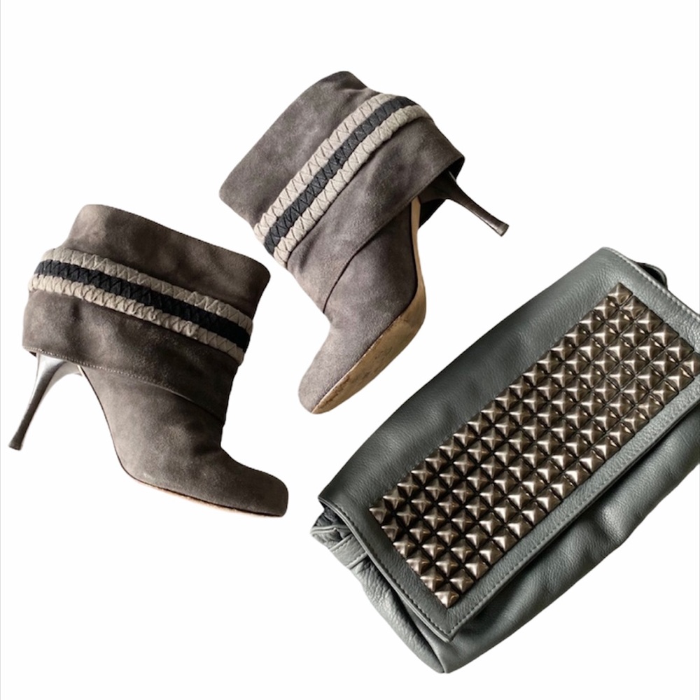 Tracy Reese ᪥ Piper Suede Heeled Ankle Bootie ᪥ Ribbon Detail ᪥ Gunmetal ᪥ 7M - Picture 2 of 10